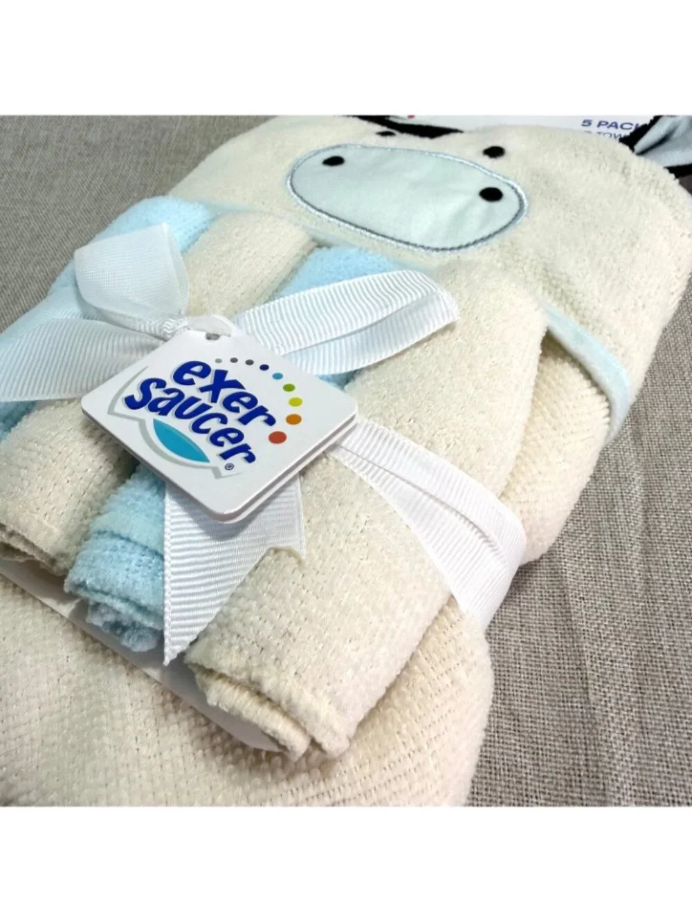 Baby Cow Hooded Towel & Washcloth Set - Cream and Light Blue